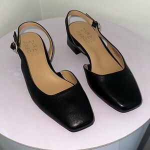 Naturalizer Black Leather Slingback Square Toe Low Block Heel Mules